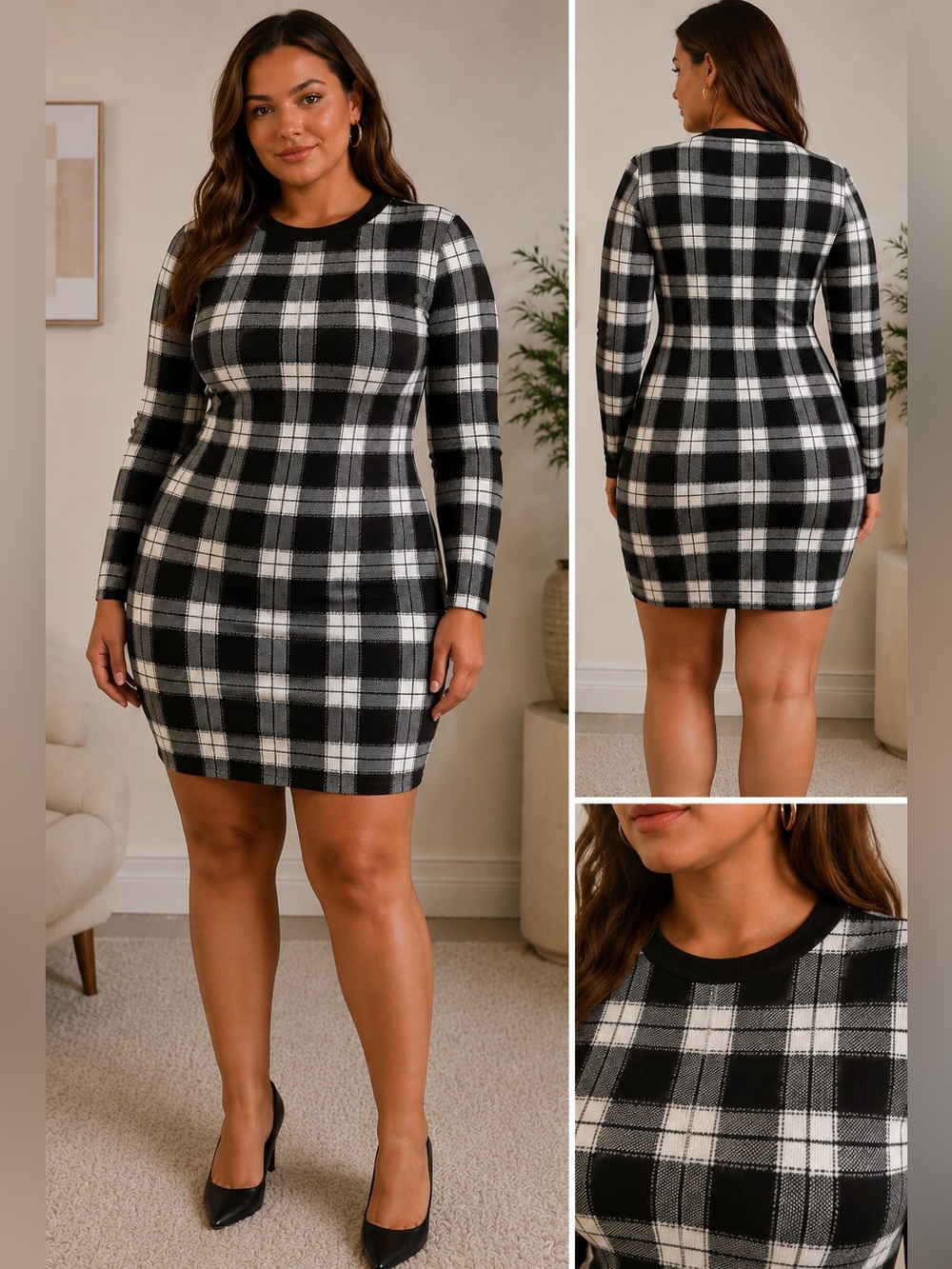 Black and White Plaid Long Sleeve Dress NWOT